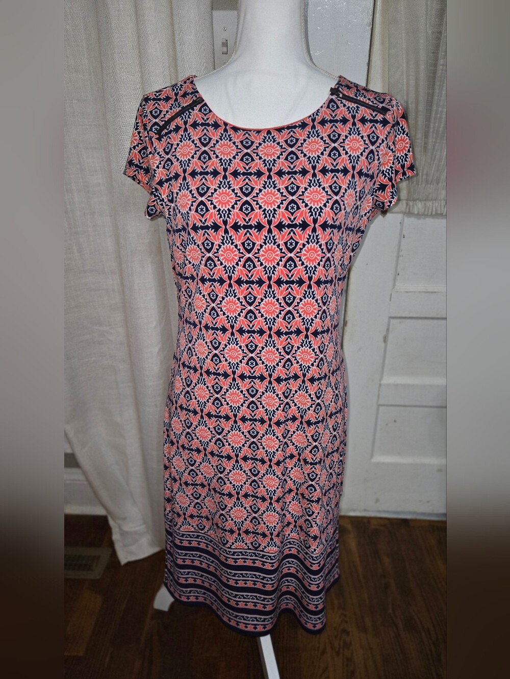 Market & Spruce Navy and Coral Geo Floral Midi Dress